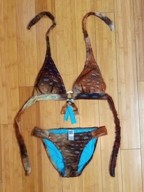 Liquid Blue Brown and Turquoise Animal Print Triangle Bikini SZ L Top / M Bottom